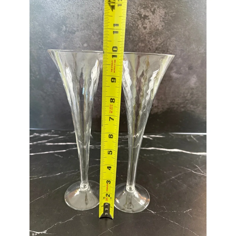 PAIR (2) Trumpet Hollow Stem Diamond Swirl 10 1/8in Champagne Glasses